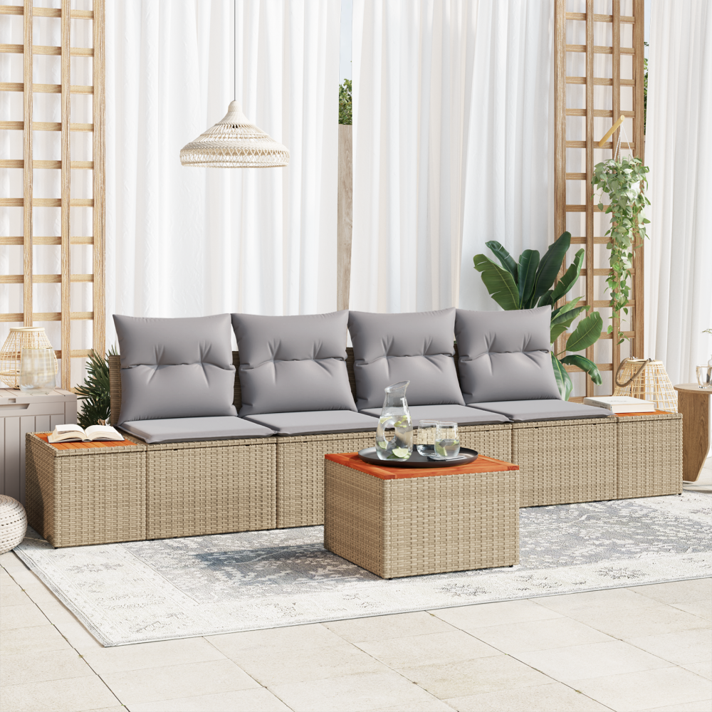 Produktbild för Trädgårdsoffset med kudde med lagring 5 pcs Beige Poly rattan
