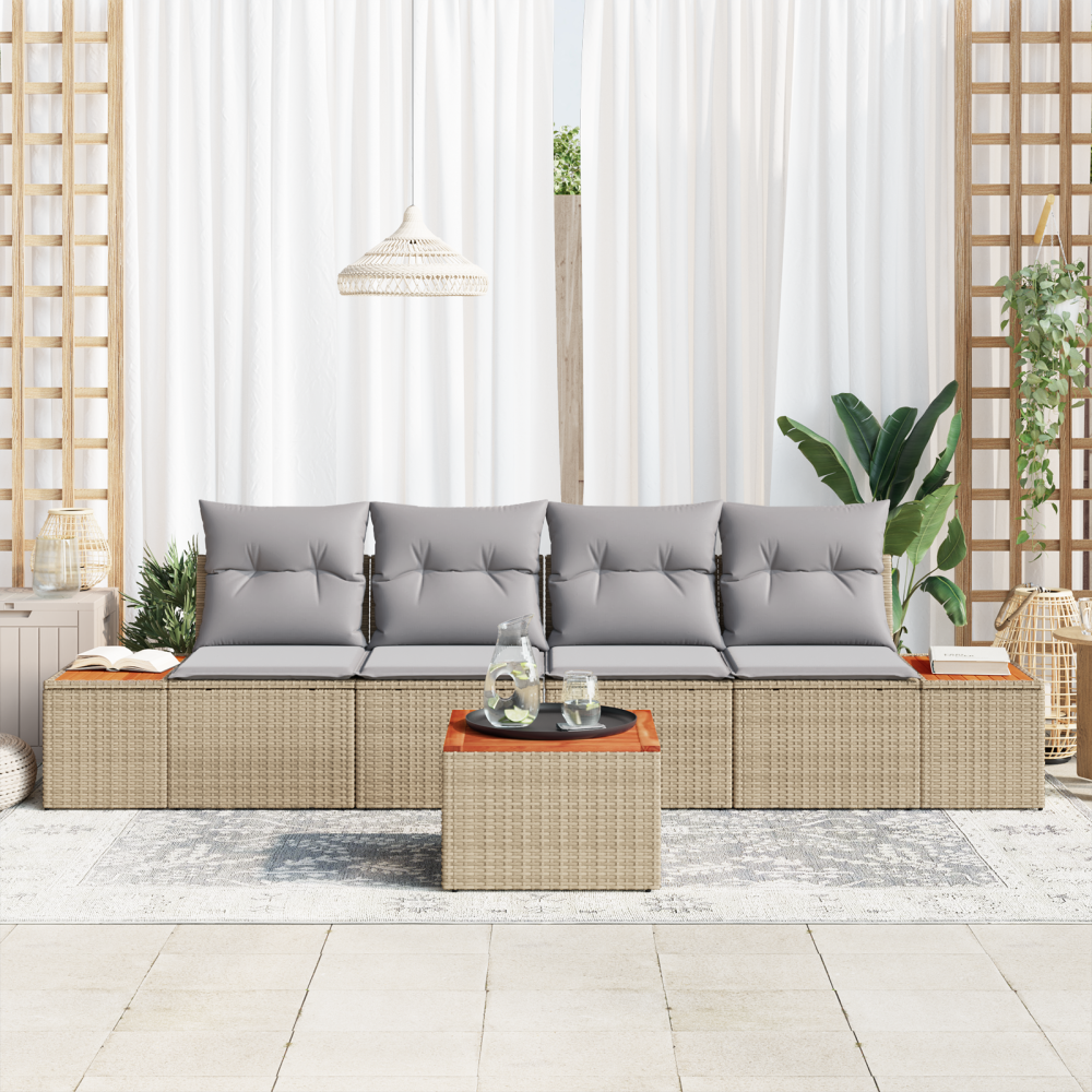 Produktbild för Trädgårdsoffset med kudde med lagring 5 pcs Beige Poly rattan