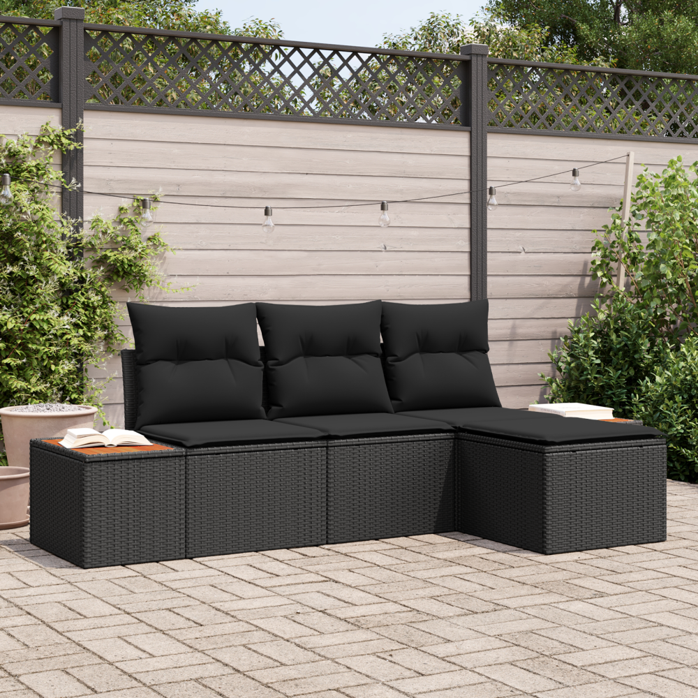 Produktbild för Trädgårdsoffset med kudde 4 pcs Svart Poly Rattan