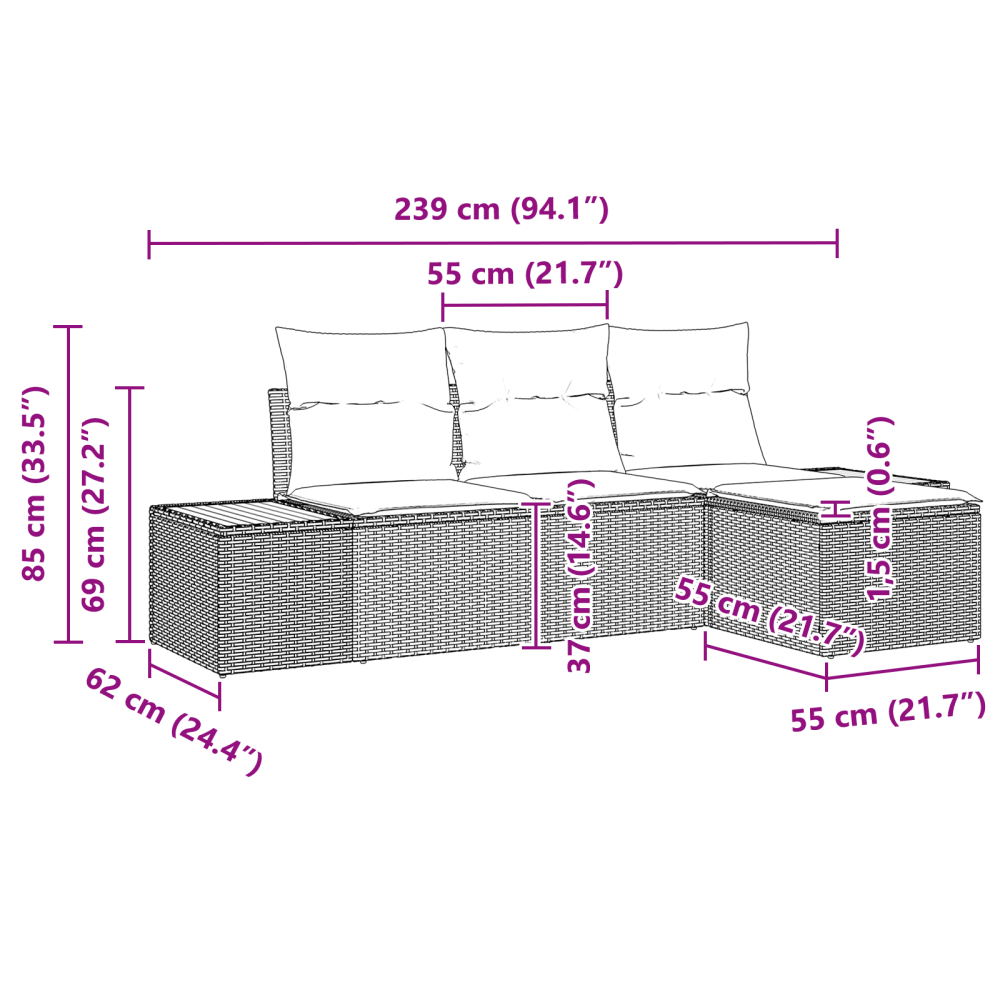 Produktbild för Trädgårdsoffset med kudde 4 pcs Beige och Ljusgrå Poly Rattan