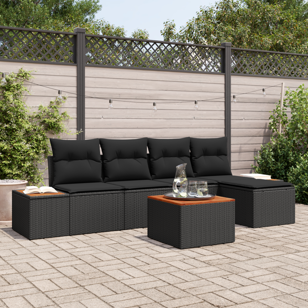 Produktbild för Trädgårdsoffset med kudde med lagring 6 pcs Svart Polyrattan