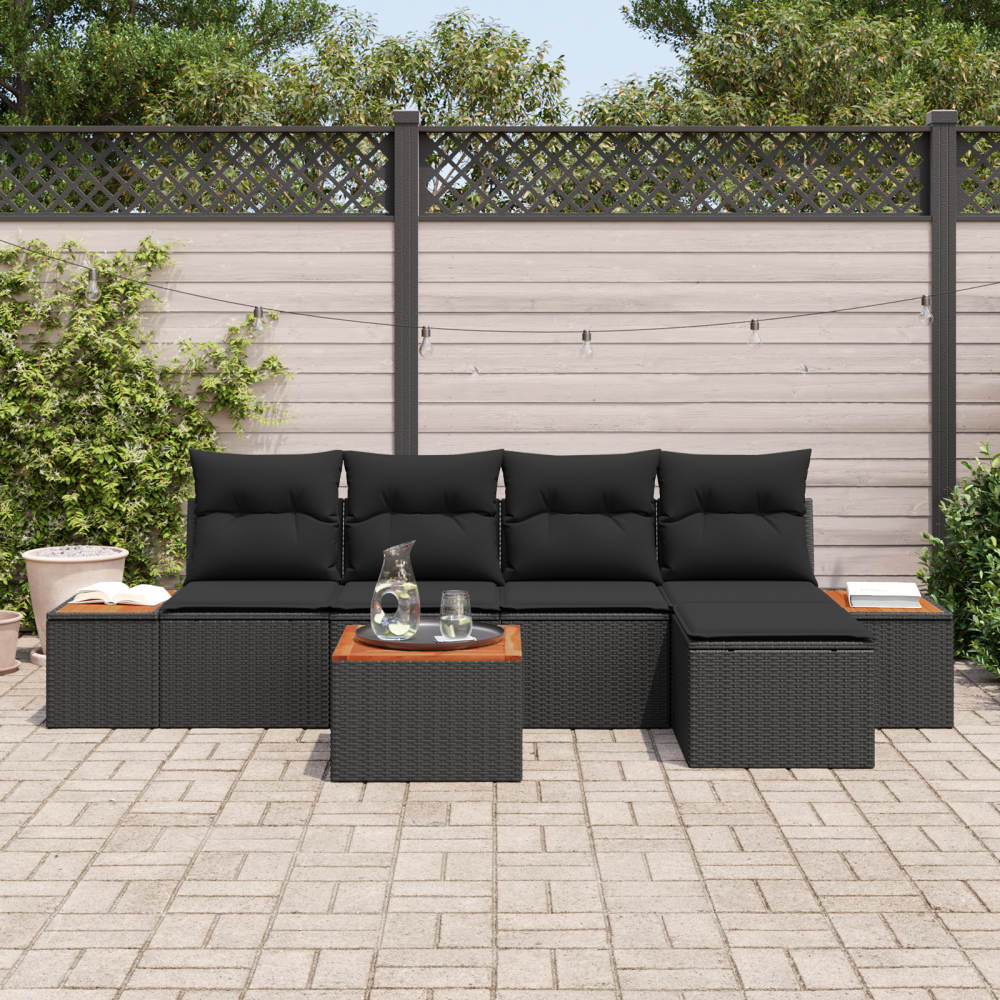 Produktbild för Trädgårdsoffset med kudde med lagring 6 pcs Svart Polyrattan