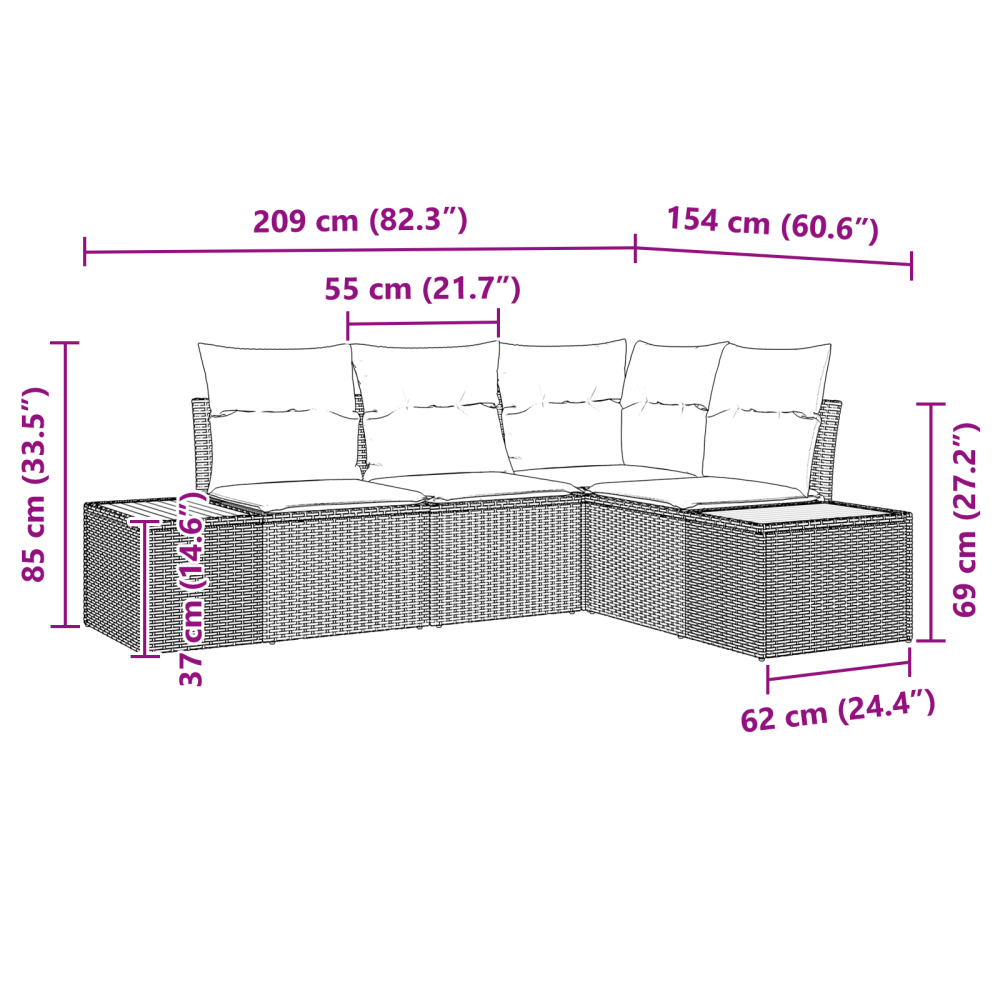 Produktbild för Trädgårdsoffset med kudde 4 pcs Beige och Ljusgrå Polyrattan