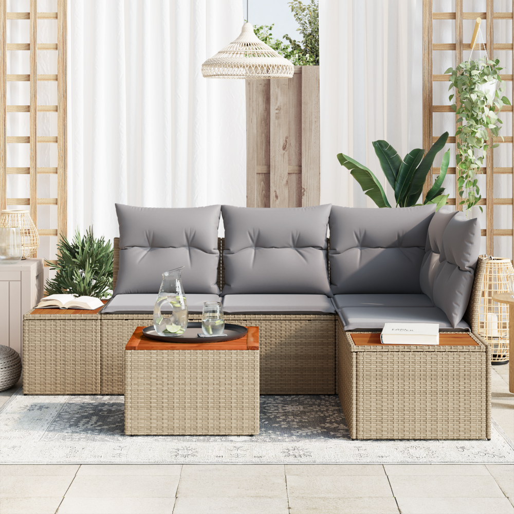 Produktbild för Trädgårdsoffset med kudde 4 pcs Beige och Ljusgrå Polyrattan
