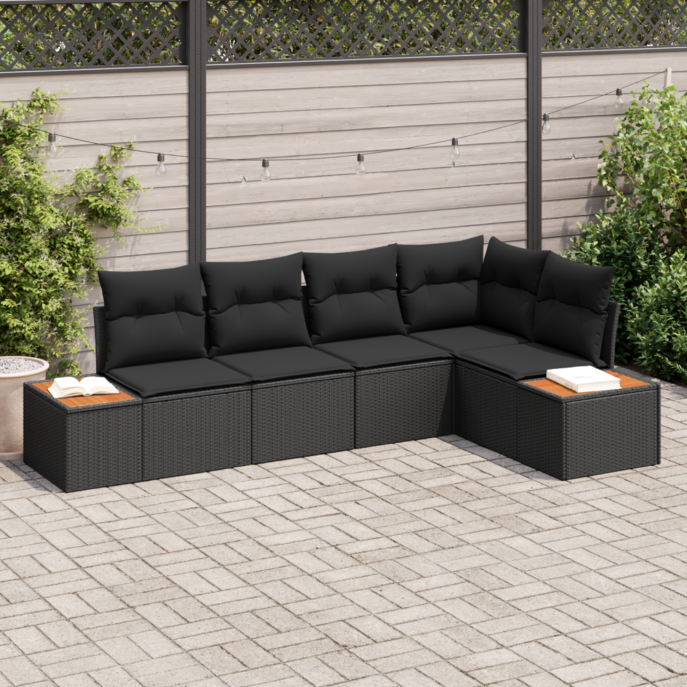Produktbild för Trädgårdsoffset med kudde med lagring 5 pcs Svart Poly rattan