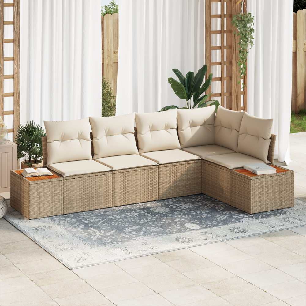 Produktbild för Trädgårdsoffset med kudde 5 pcs beige och gräddvit Poly rattan