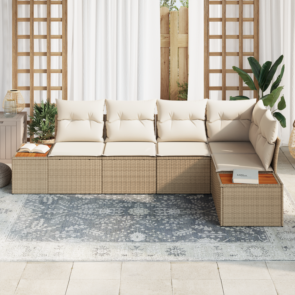 Produktbild för Trädgårdsoffset med kudde 5 pcs beige och gräddvit Poly rattan
