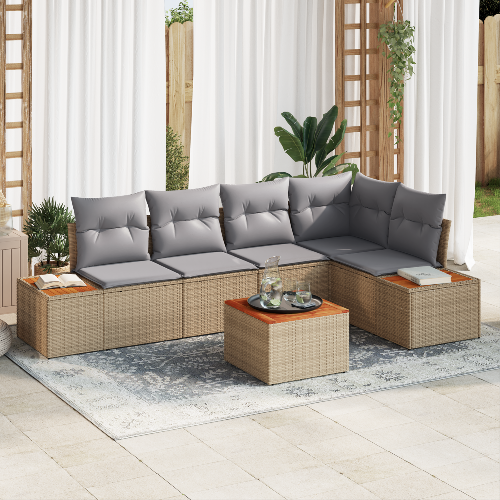Produktbild för Trädgårdsoffset med kudde 6 pcs beige och ljusgrå Poly rattan