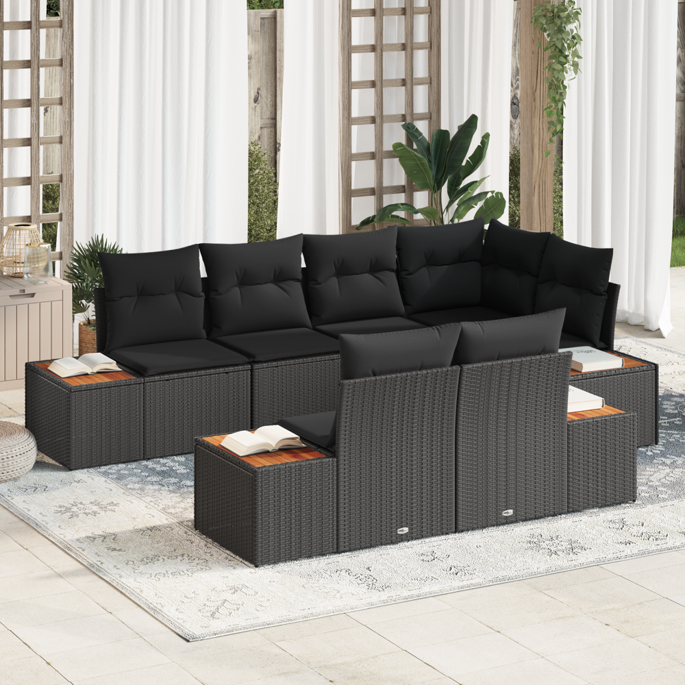 Produktbild för Trädgårdsoffset med kudde med lagring 7 pcs Svart Polyrattan
