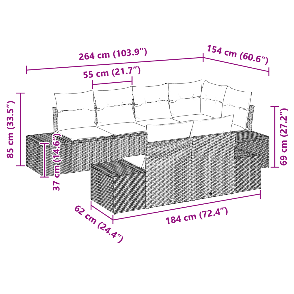 Produktbild för Trädgårdsoffset med kudde med lagring 7 pcs Svart Polyrattan