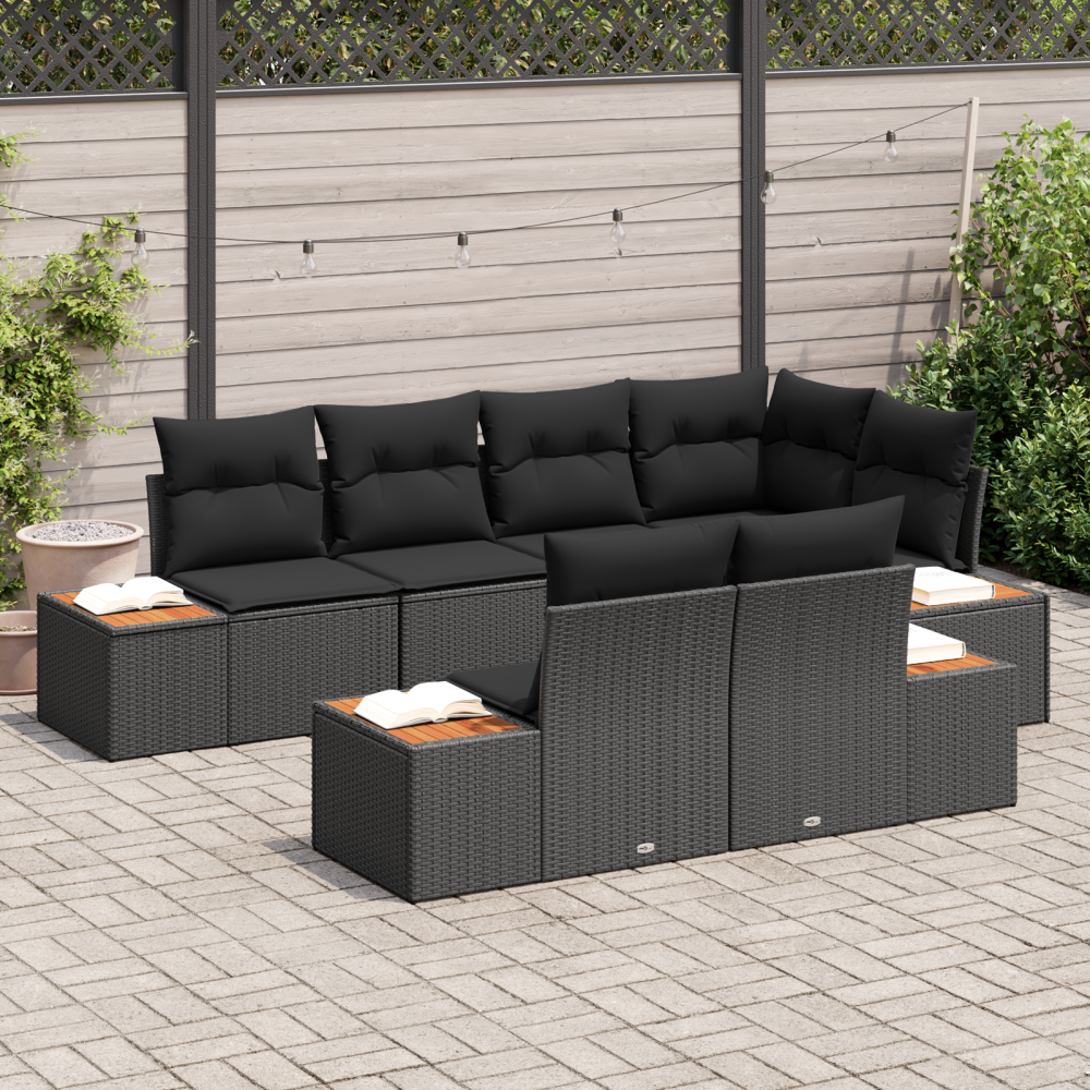 Produktbild för Trädgårdsoffset med kudde med lagring 7 pcs Svart Polyrattan