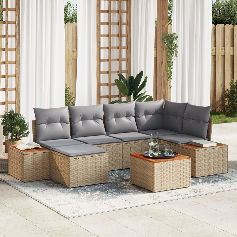 Produktbild för Trädgårdsoffset med kudde 7 pcs Beige och Ljusgrå Polyrattan