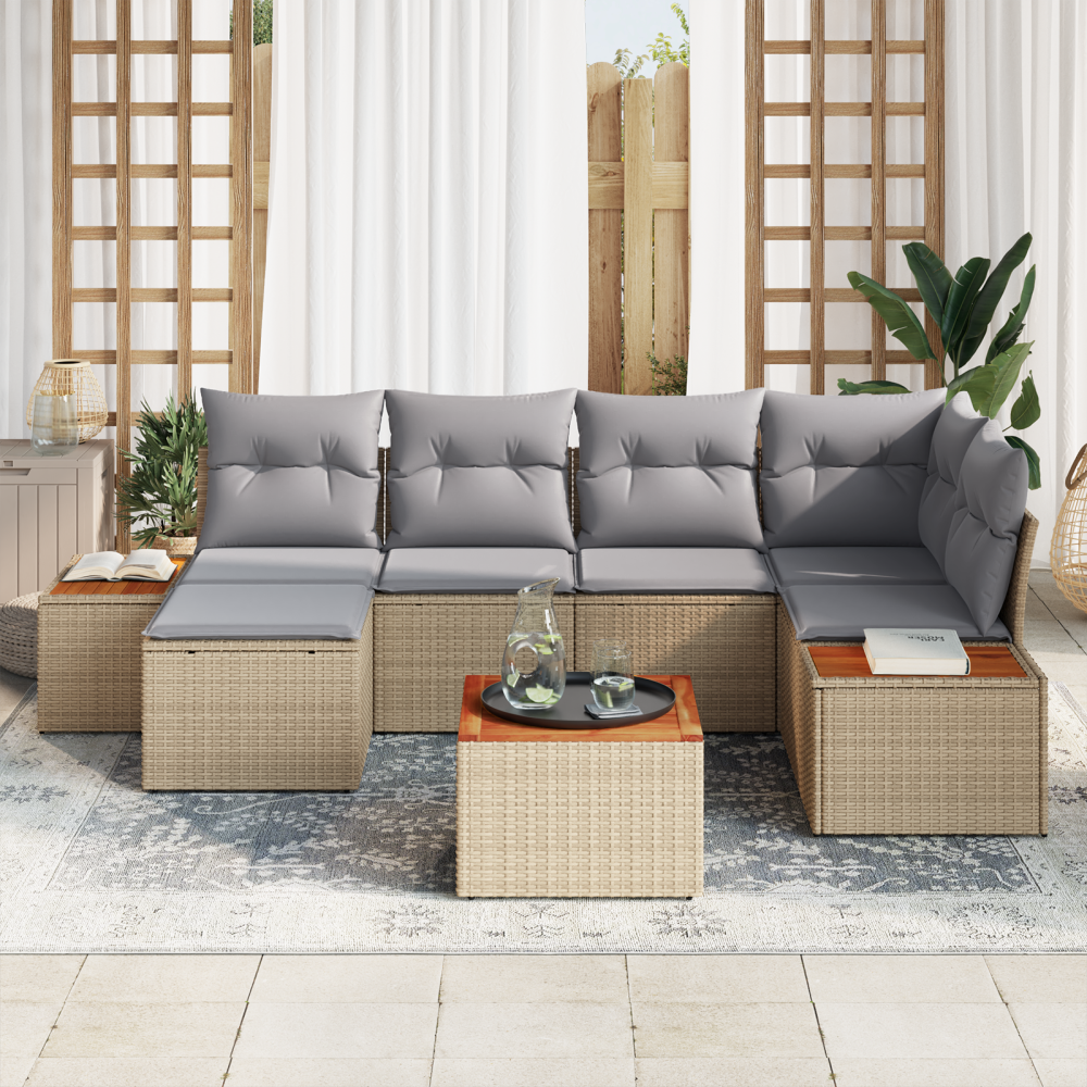 Produktbild för Trädgårdsoffset med kudde 7 pcs Beige och Ljusgrå Polyrattan