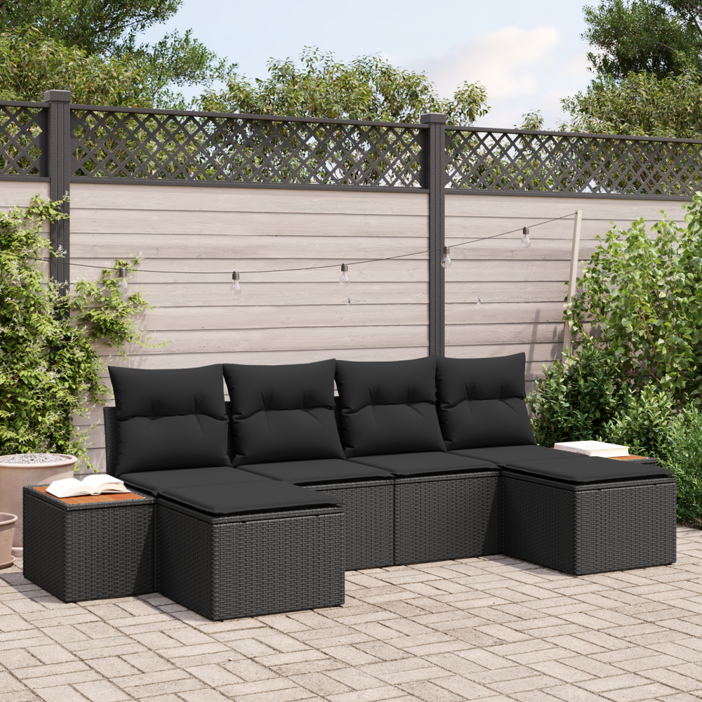 Produktbild för Trädgårdsoffset med kudde 6 pcs Svart Poly Rattan
