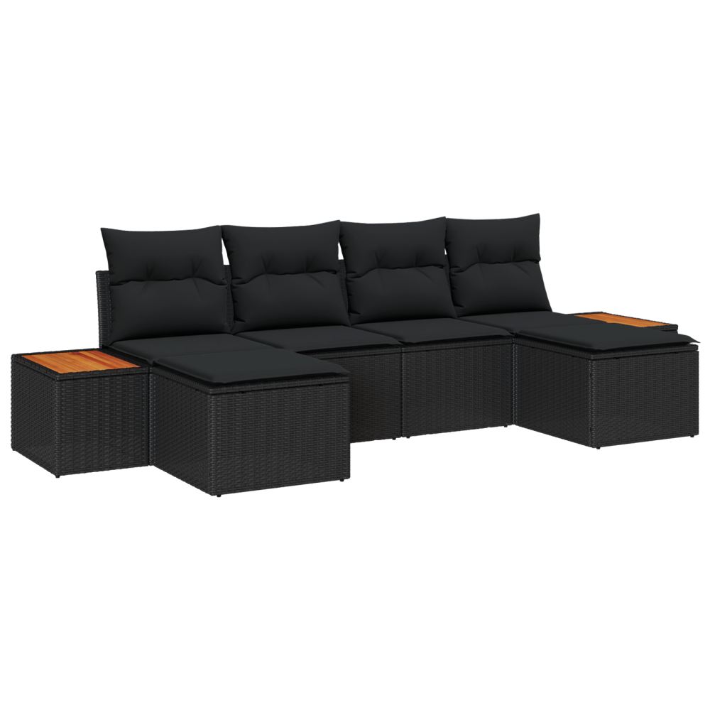 Produktbild för Trädgårdsoffset med kudde 6 pcs Svart Poly Rattan