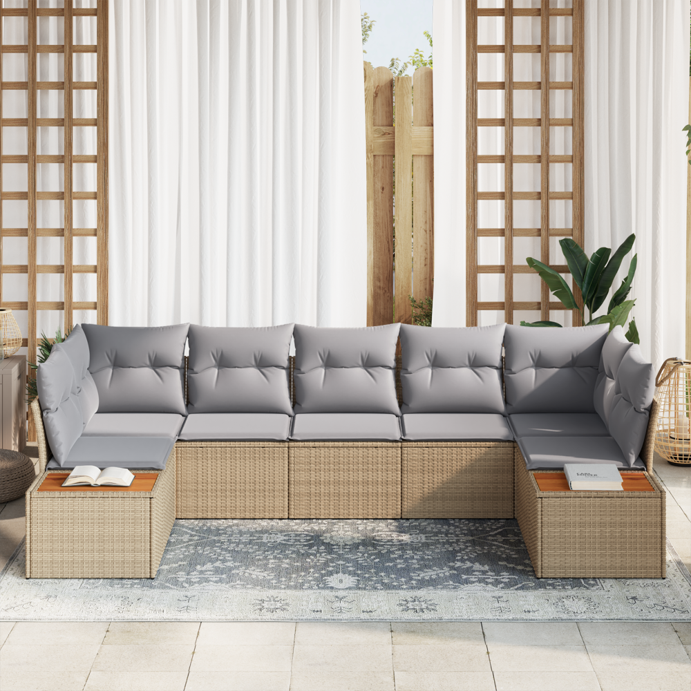 Produktbild för Trädgårdsoffset med kudde 7 pcs Beige och Ljusgrå Polyrattan