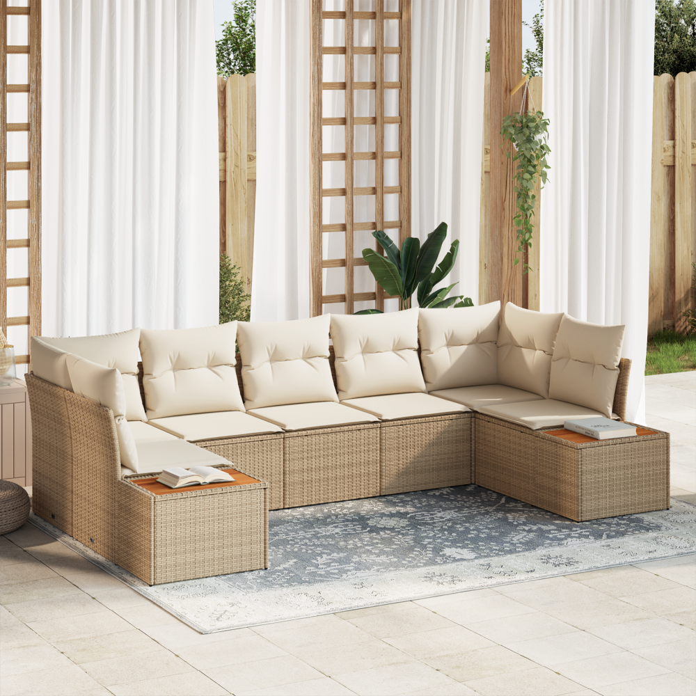 Produktbild för Trädgårdsoffset 7 pcs Beige och gräddfärgad Polyrattan