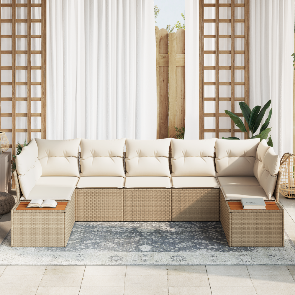 Produktbild för Trädgårdsoffset 7 pcs Beige och gräddfärgad Polyrattan