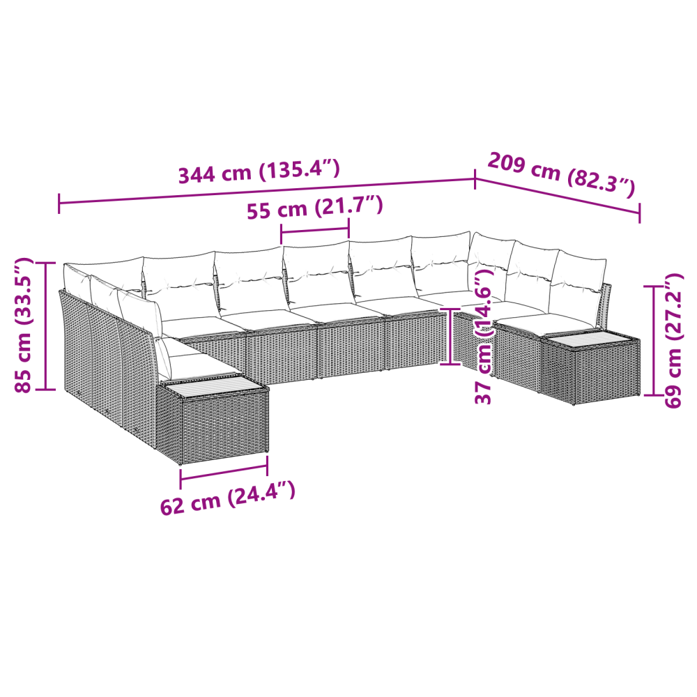 Produktbild för Trädgårdsoffset med kudde 10 pcs Svart och kräm Polyrattan