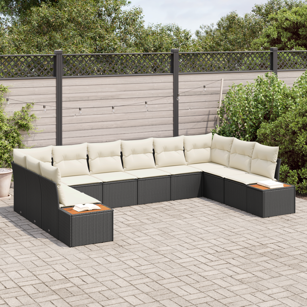Produktbild för Trädgårdsoffset med kudde 10 pcs Svart och kräm Polyrattan