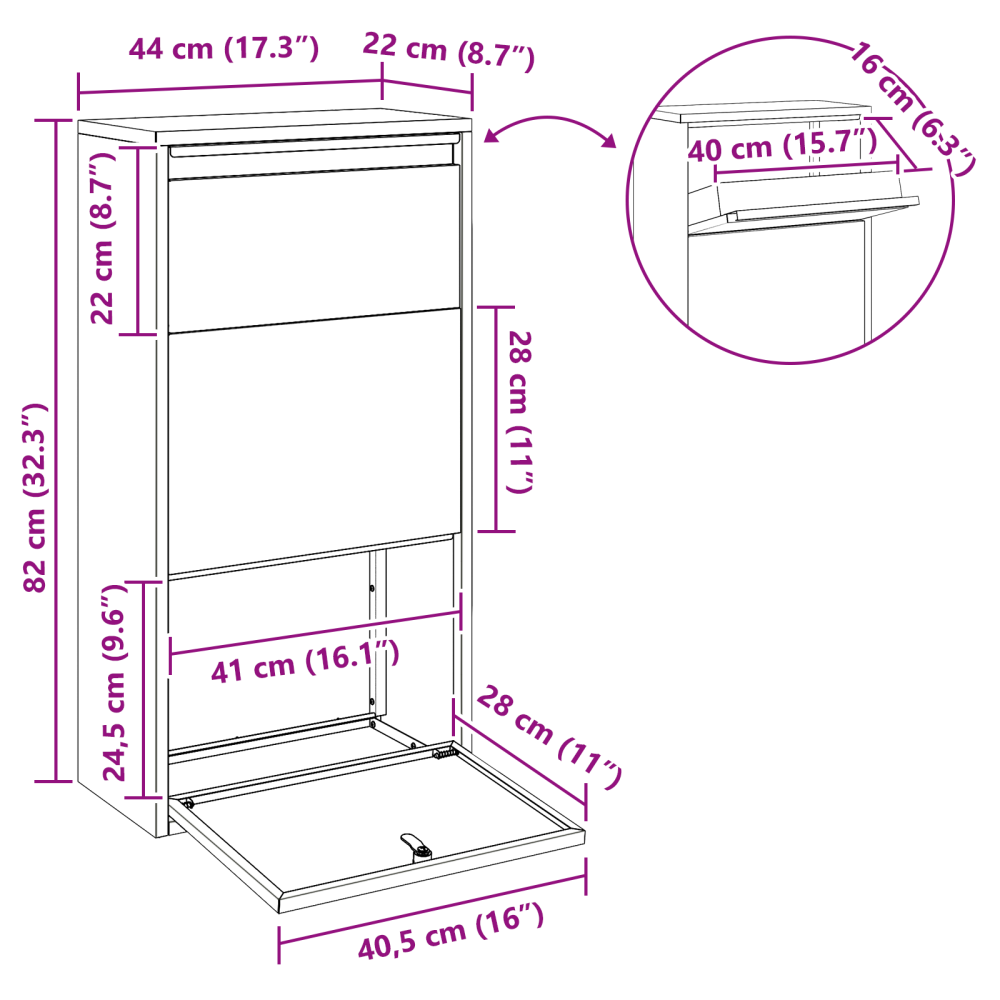 Produktbild för Paketbox med lagring med dörr Svart 44 x 22 x 82 cm Stål