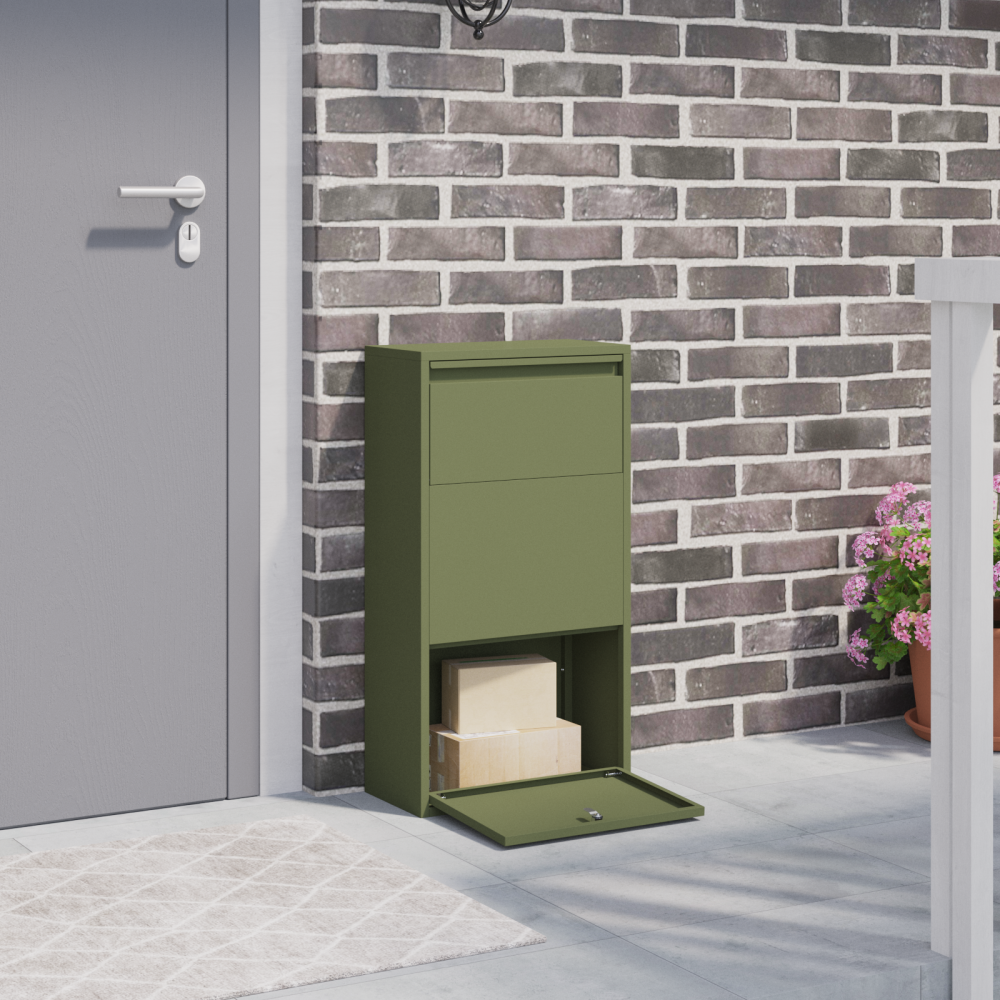 Produktbild för Paketbox med lagring med dörr Olivgrön 44 x 22 x 82 cm Stål
