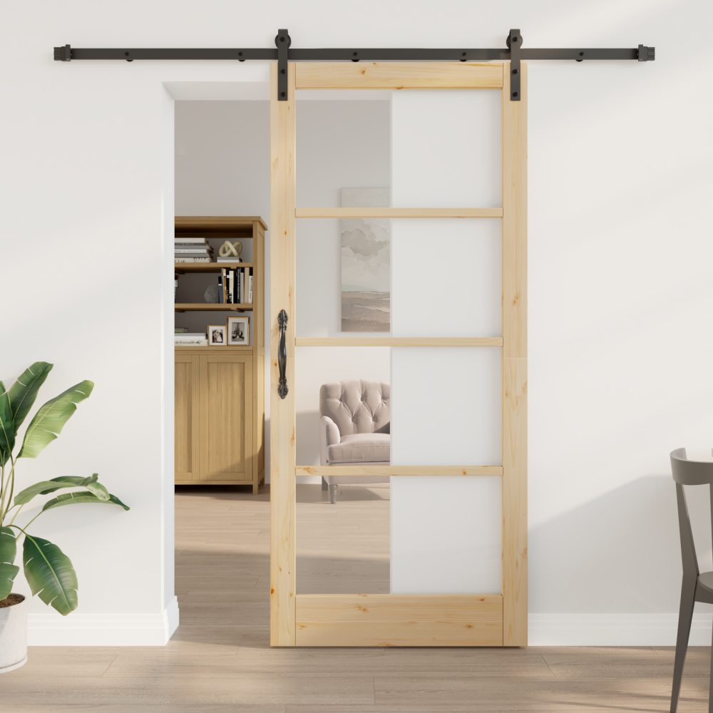 Produktbild för Skjutdörr ORKDAL Naturfärg 93 x 211 cm Massivt tallträ och glas