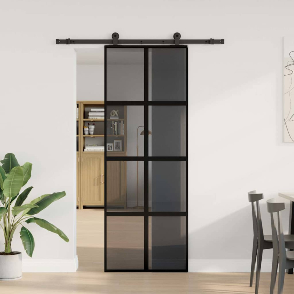 Produktbild för Skjutdörr med beslagset härdat glas och aluminium 76x205 cm