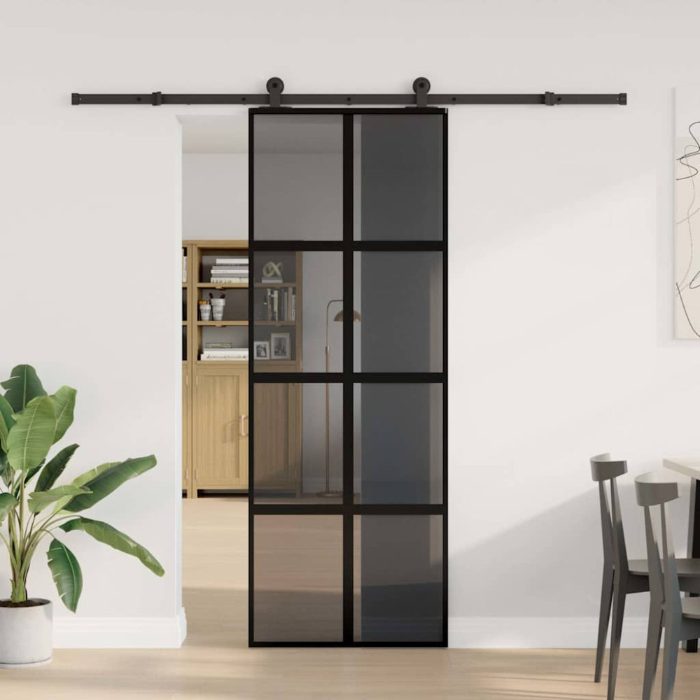 Produktbild för Skjutdörr med beslagset härdat glas och aluminium 76x205 cm