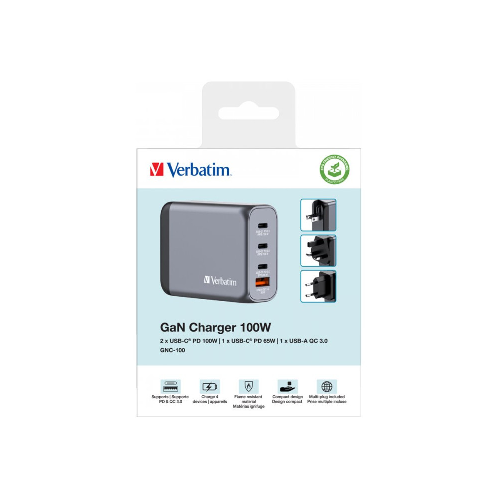 Produktbild för Verbatim strömadapter - GaN - 3 x USB-C, USB - 100 watt