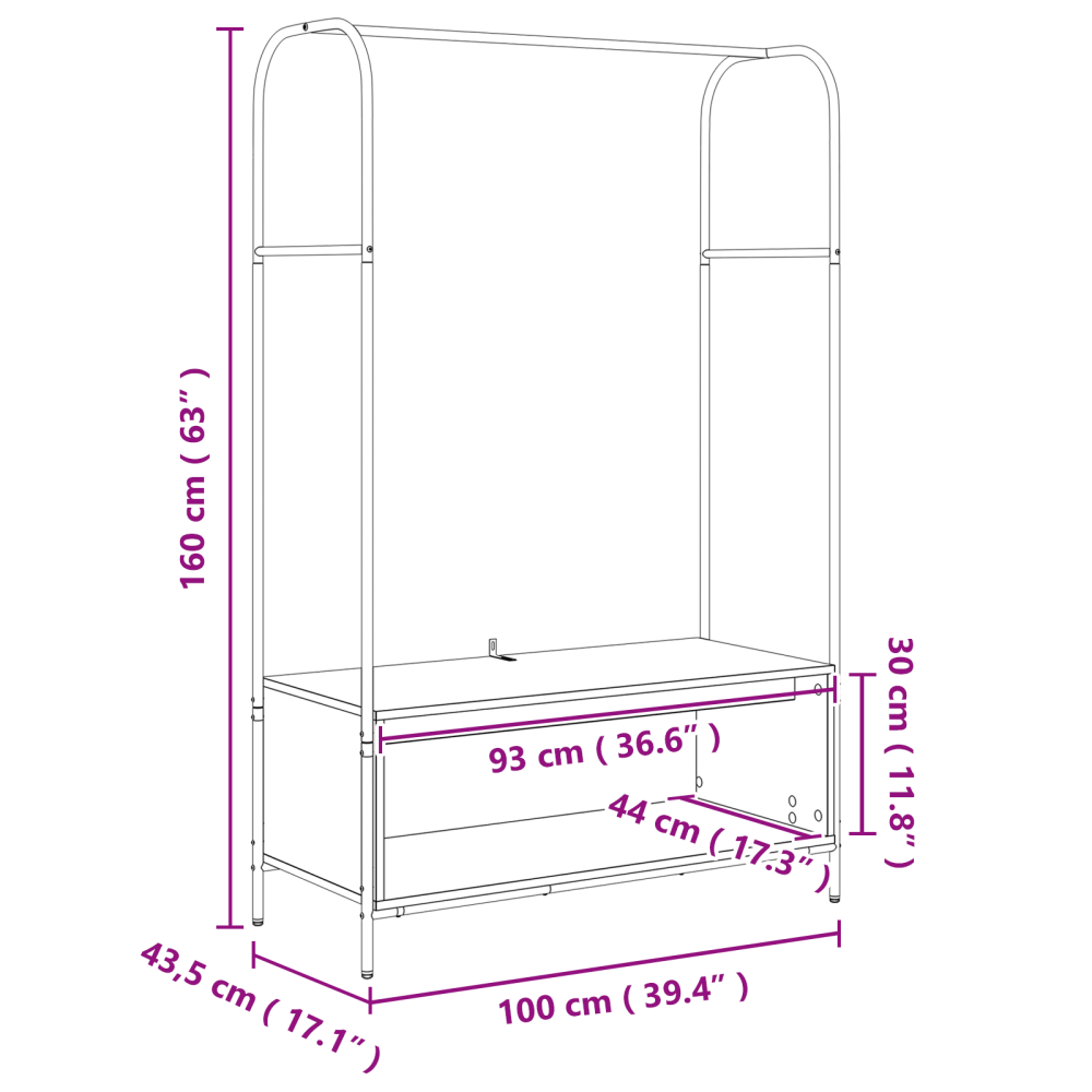 Produktbild för Klädhängare med lagring Svart 100 x 44 x 160 cm Konstruerat trä