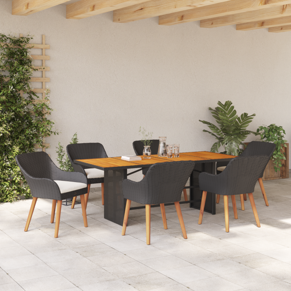 Produktbild för Trädgårdsmöbelset med kudde 7 pcs Svart konstrotting