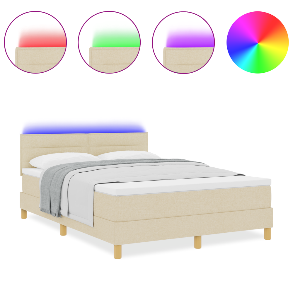 Produktbild för LED Box Säng med LED-ljusslingor Kräm 140 x 200 cm tyg