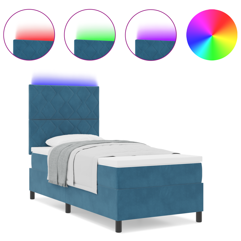 Produktbild för LED Box Säng med huvudgavel Mörkblå 100 x 200 cm Sammet