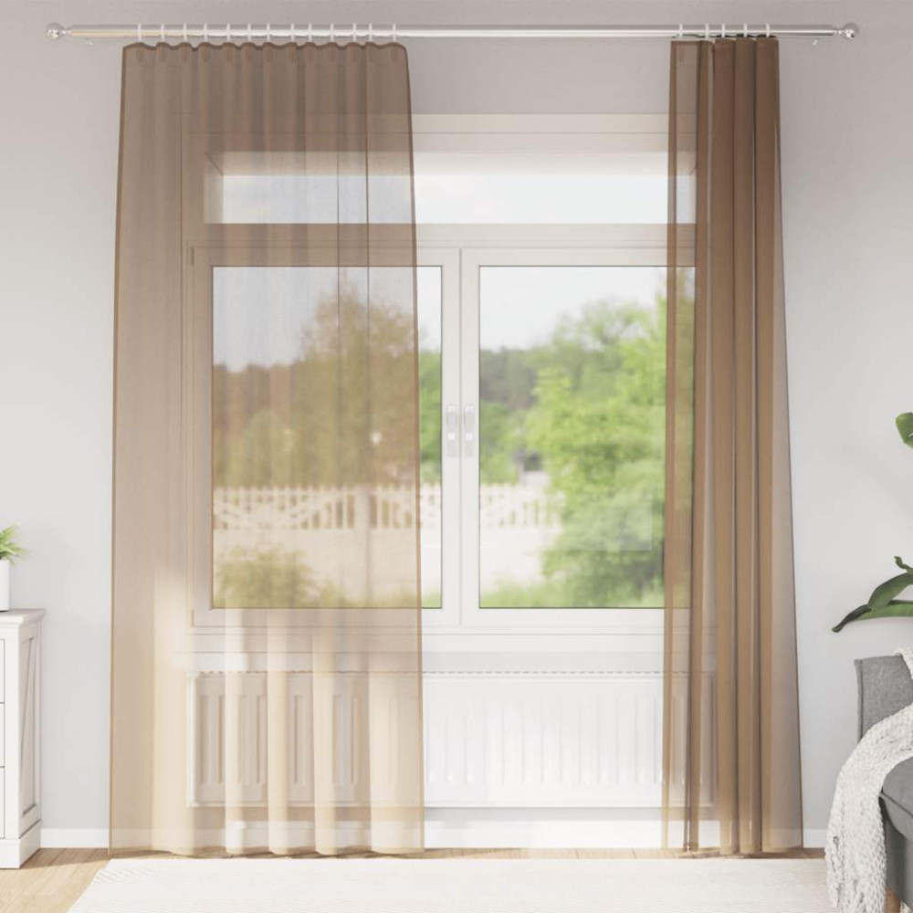Produktbild för Voile gardiner med stångfickor 2 st ljusbrun