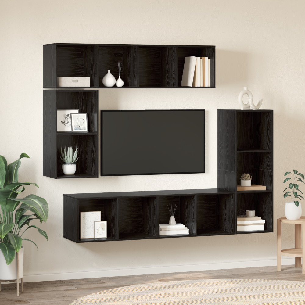 Produktbild för TV-bänkset Väggmonterad 4 pcs Svart Ek Konstruerat trä