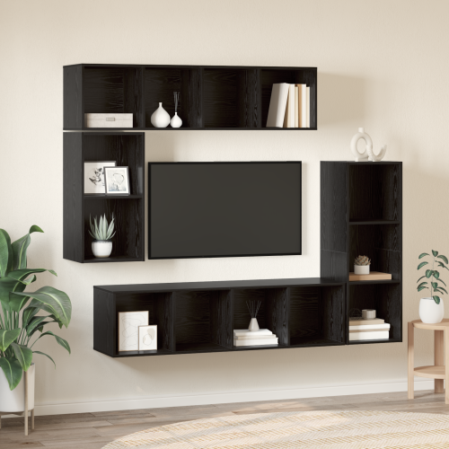 vidaXL TV-bänkset Väggmonterad 4 pcs Svart Ek Konstruerat trä