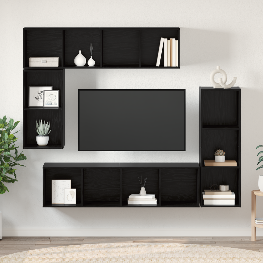Produktbild för TV-bänkset Väggmonterad 4 pcs Svart Ek Konstruerat trä