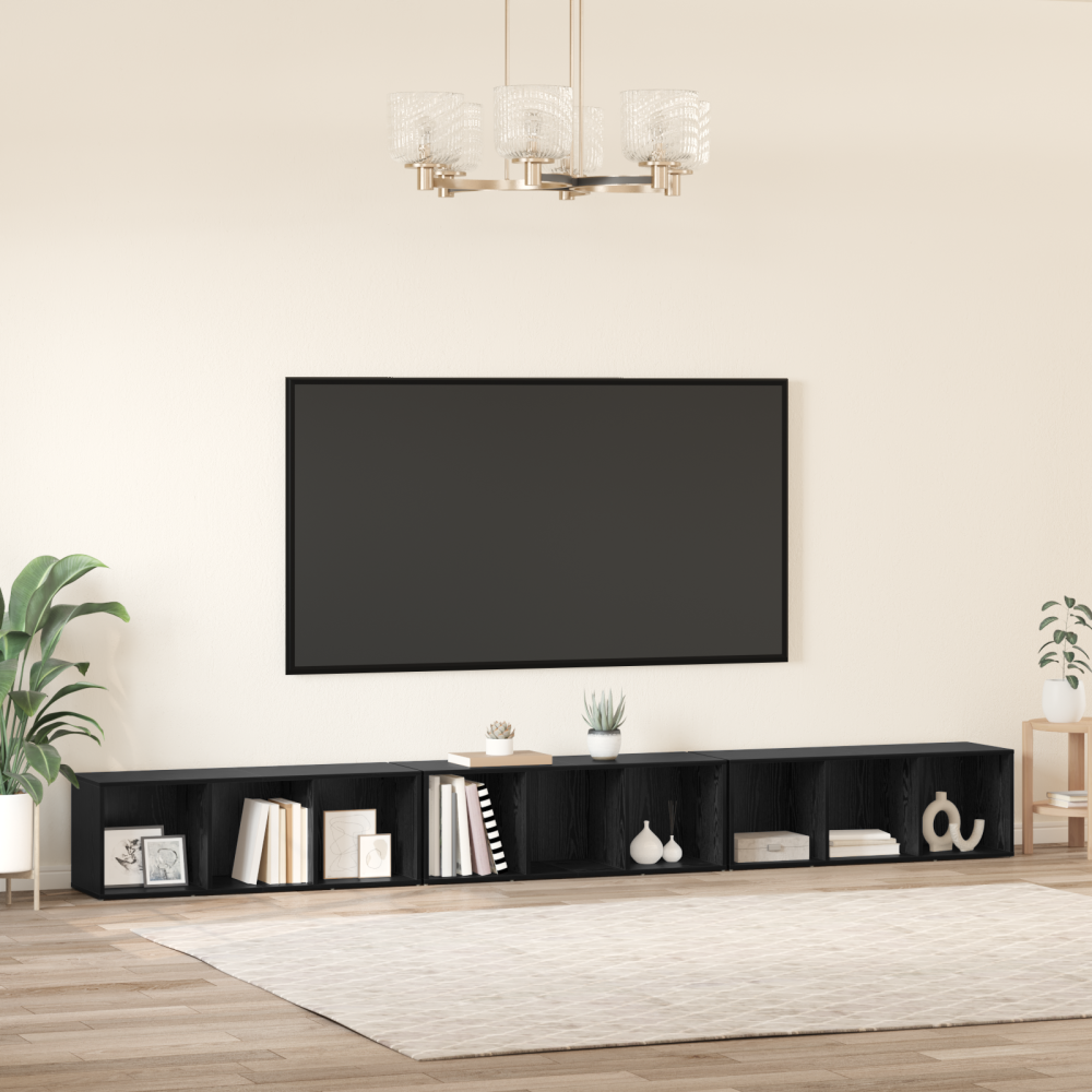 Produktbild för TV-bänkset 3 pcs Svart Ek 37 x 35 x 107 cm Konstruerat trä