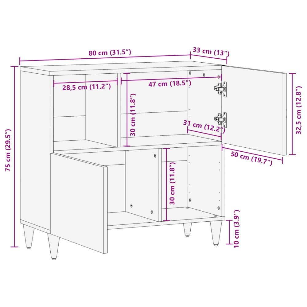 Produktbild för Sideboard Brun 80 x 33,5 x 75 cm Massivt mangoträ