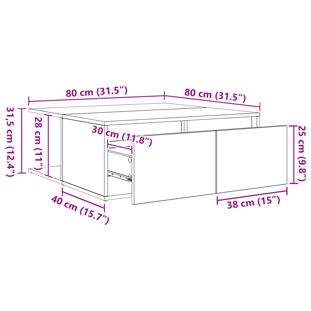 Produktbild för Kaffeebord med låda Svart ek 80 x 80 x 31 cm Konstruerat trä