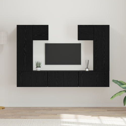 vidaXL TV-bänkset Väggmonterad 7 pcs Svart Ek Konstruerat trä