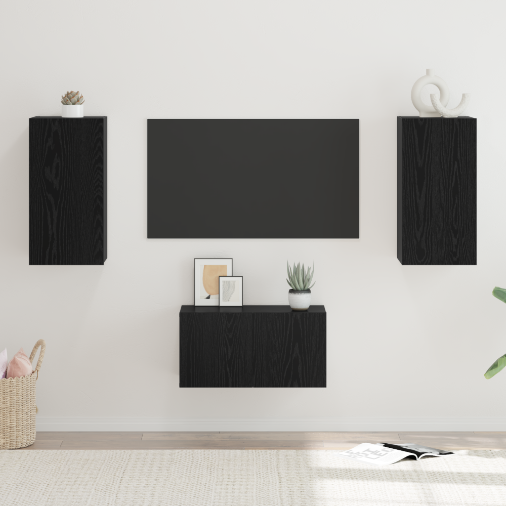 Produktbild för TV-bänkset Väggmonterad 3 pcs Svart Ek Konstruerat trä