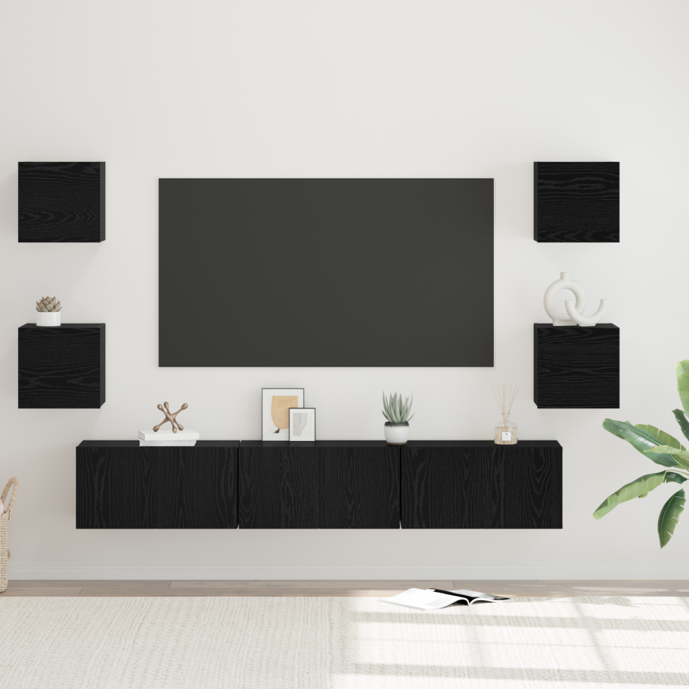 Produktbild för TV-bänkset Väggmonterad 7 pcs Svart Ek Konstruerat trä