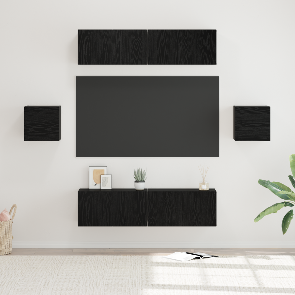 Produktbild för TV-bänkset Väggmonterad 6 pcs Svart Ek Konstruerat trä