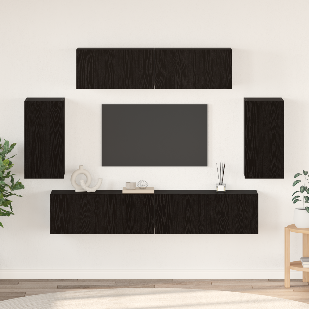 Produktbild för TV-bänkset Väggmonterad 6 pcs Svart Ek Konstruerat trä