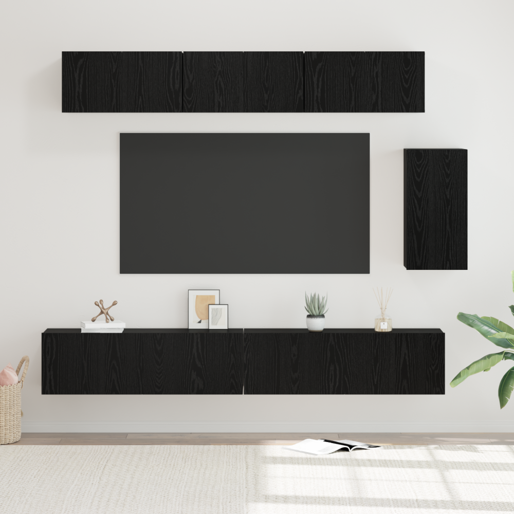Produktbild för TV-bänkset med låda Väggmonterad 6 pcs Svart Ek Konstruerat trä