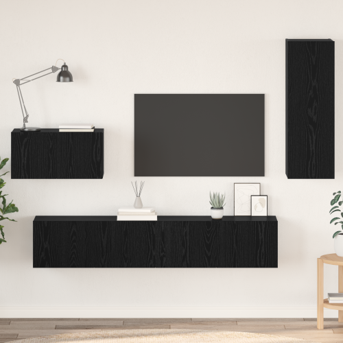 vidaXL Vägg TV Skåp Väggmonterad 4 pcs Svart Ek Konstruerat trä