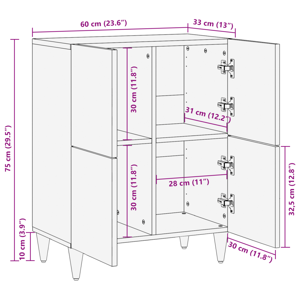 Produktbild för Sideboard Brun 60 x 33,5 x 75 cm Massivt mangoträ