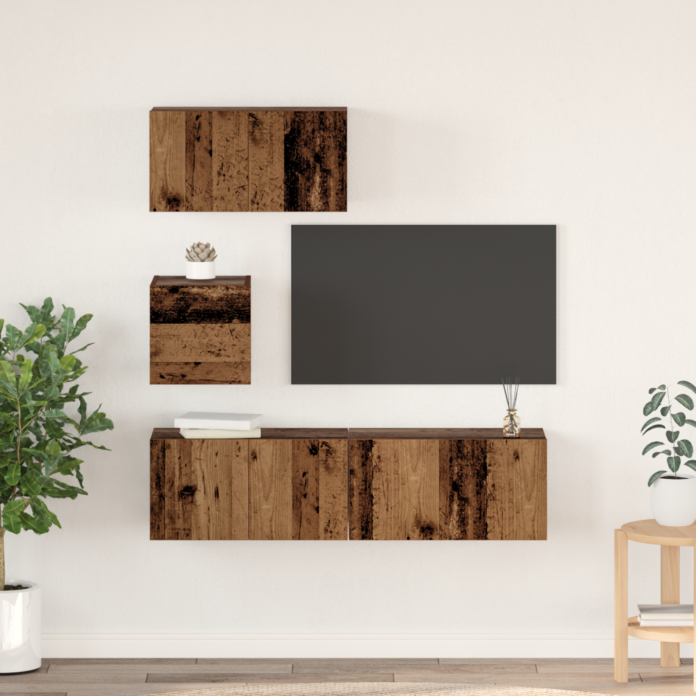 Produktbild för TV-bänkset Väggmonterad 4 pcs Gammalt trä Konstruerat trä